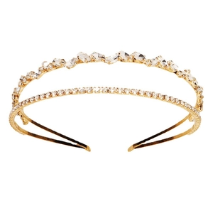 Serre-tête doré double couche avec strass brillants pour mariages et soirées