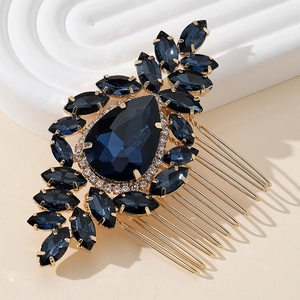 Elegant vintage bridal hair comb with deep blue waterdrop rhinestones and gold alloy teeth