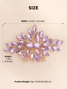 Detail showing dimensions of purple rhinestone hair comb with gold wire for weddings