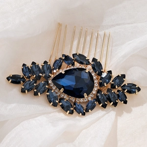 Vintage gold hair comb with water-drop navy blue gems and white rhinestones for brides