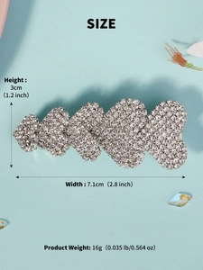 Detailed size specifications of silver heart rhinestone hair clip with dimensions and weight