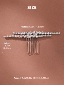 Silver bridal hair comb with cubic zirconia flowers showing detailed dimensions and weight