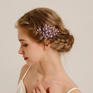 Handmade Purple Marquise Rhinestone Bridal Hair Comb Gold Alloy Wire Floral Leaf Wedding Hair Accessories For Women Party