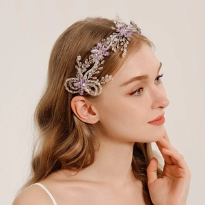 Handmade Woven Purple Rhinestone Flower Bridal Headband Silver Copper Wire Acrylic Crystal Wedding Hair Accessory For Women
