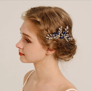 Peigne à Cheveux de Mariée Vintage Fait Main Argent Bleu Strass Accessoire de Mariage Banquet Fleur Feuille Branche Femme