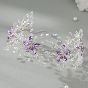 Elegant bridal headband featuring purple crystal flowers and hand-woven silver branches