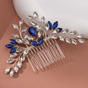 Handmade bridal hair comb with blue crystals and silver wire leaves for wedding hair