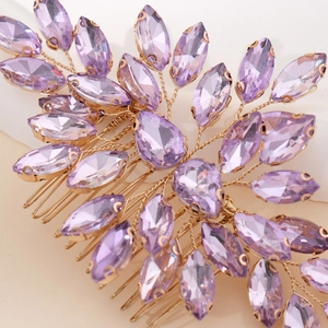 Exquisite bridal hair comb with purple crystals and gold wire for wedding hairstyles
