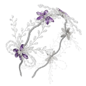 Luxuriöser Brauthaarreif mit lila Kristallen und handgefertigten Perlenblumen