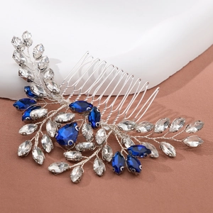 Silver bridal hair comb with blue crystals and handmade rhinestone leaf branch design
