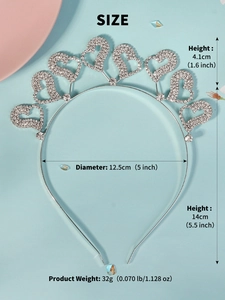 Detail view showing dimensions of heart tiara headband with sparkling rhinestones