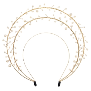 Golden halo crown with multi-layer pearl wire design for bridal and gothic lolita style
