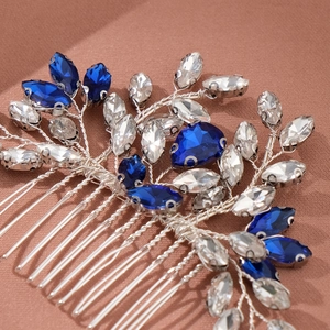 Exquisite bridal hair comb with silver wire leaf design and deep blue crystal rhinestones