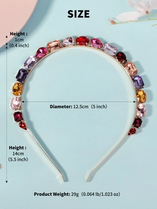 Détail du serre-tête avec strass colorés, gemmes de 1cm et dimensions du produit