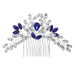 Silver bridal hair comb with blue and clear marquise crystals for wedding hairstyles