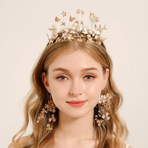 Ensemble serre-tête et boucles d'oreilles de mariée avec fleurs dorées et strass