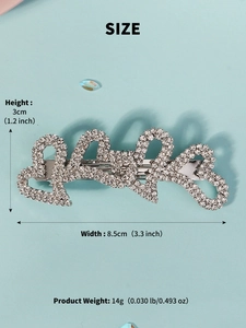 Detailed size specifications of silver heart rhinestone hair clip showing height and width