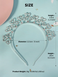Detailed dimensions of silver heart tiara headband with sparkling rhinestones and measurements