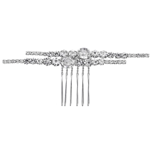 Silver bridal hair comb with double row sparkling rhinestones and six teeth design