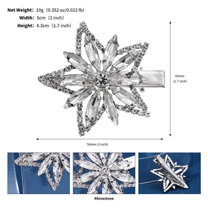 Sparkling rhinestone flower hair clip with size specs showing silver metal and crystals