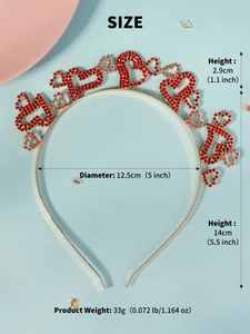 Detail showing red heart crystal headband dimensions 14cm height and 12.5cm diameter