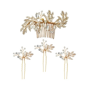 Detail of bridal gold hair comb and pins with crystal flowers and white pearls