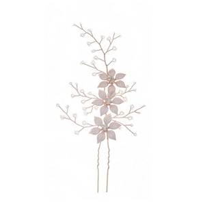 Détail d'une épingle à cheveux or rose avec perles blanches et trois fleurs en strass