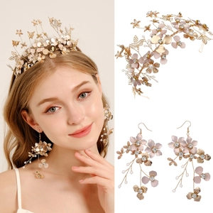Ensemble Serre-Tête Et Boucles D'Oreilles Mariée Fait Main Alliage Fleur Strass Künstliche Perle Accessoires Cheveux Pour Mariage Fête Femme