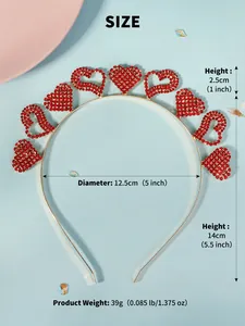 Size guide showing 14cm red rhinestone heart headband on a light blue background