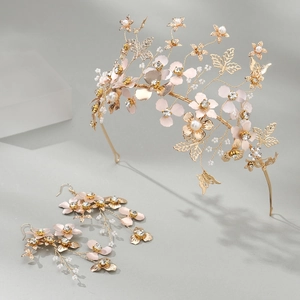 Parure de mariée avec couronne papillon dorée et longues boucles d'oreilles