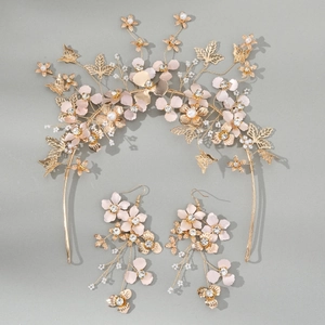 Parure de mariage élégante avec serre-tête et boucles d'oreilles fleurs dorées