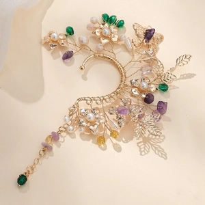 Elegant gold flower butterfly ear cuff with pearls and purple stones for women