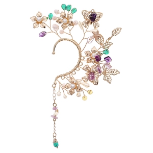 Exquisite golden flower and butterfly ear cuff with colorful crystals and pearl dangles