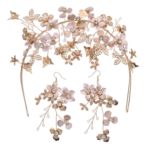 Parure de mariage bandeau et boucles d'oreilles fleurs roses et perles en or rose