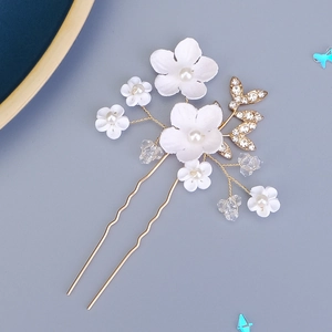 Épingle à cheveux fleurs en céramique blanche avec perles et cristaux pour mariage
