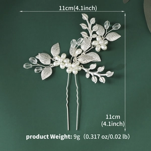 Détails de l'épingle à cheveux de mariée avec perles blanches, feuilles et cristaux