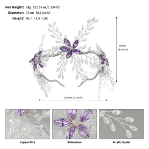 Detail of copper wire weave and purple rhinestones on a bridal crystal headband