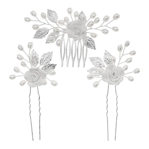 Handgefertigtes Brautschmuck-Set mit silbernem Blumen-Haarkamm und Perlen-U-Haarnadeln