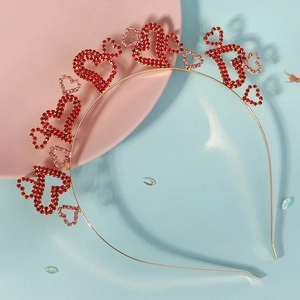 Elegant gold metal headband with red heart-shaped rhinestones for Valentine's Day party