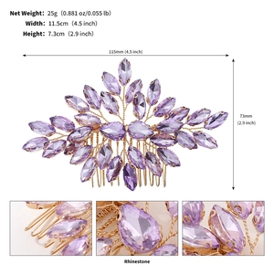 Detail view of purple rhinestone hair comb with golden frame measuring 11.5cm by 7.3cm