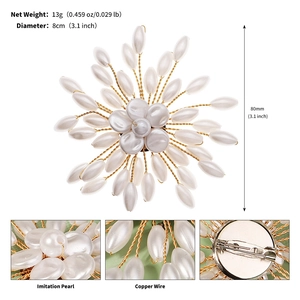 Detailed views of a handmade pearl floral brooch with size and weight specifications