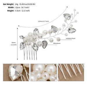 Detailed view of silver bridal hair comb with dimensions and pearl rhinestone texture