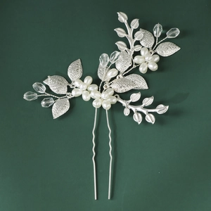 Épingle à cheveux fleur argentée faite main avec perles blanches et cristaux brillants