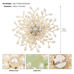 Detailed view of handcrafted flower brooch showing imitation pearls and copper wire weave