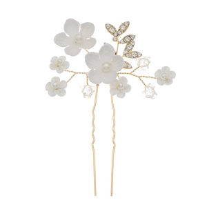 Épingle à cheveux fleurs blanches avec perles et strass sur une base dorée en forme de U