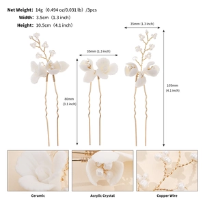 Detailed view of handmade ceramic flower hair pins with pearls and copper wire