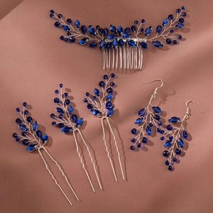 Parure de mariage 6 pièces avec peigne en cristal bleu marine et boucles d'oreilles