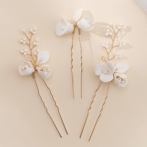 Set de 3 épingles à cheveux de mariée avec fleurs en céramique et perles blanches