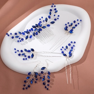 Parure de mariage en cristal bleu marine avec peigne à cheveux, pics et boucles