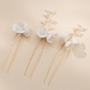 Set élégant de 3 épingles à cheveux fleurs blanches en céramique faites à la main